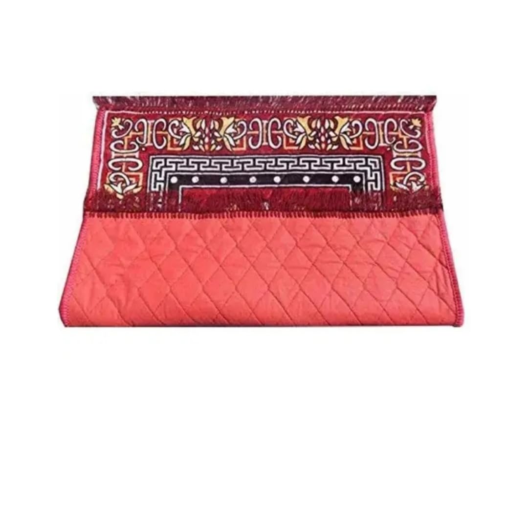 Red Floral Prayer Mat with Fringe Border, Traditional Decorative Design, Square Rug
