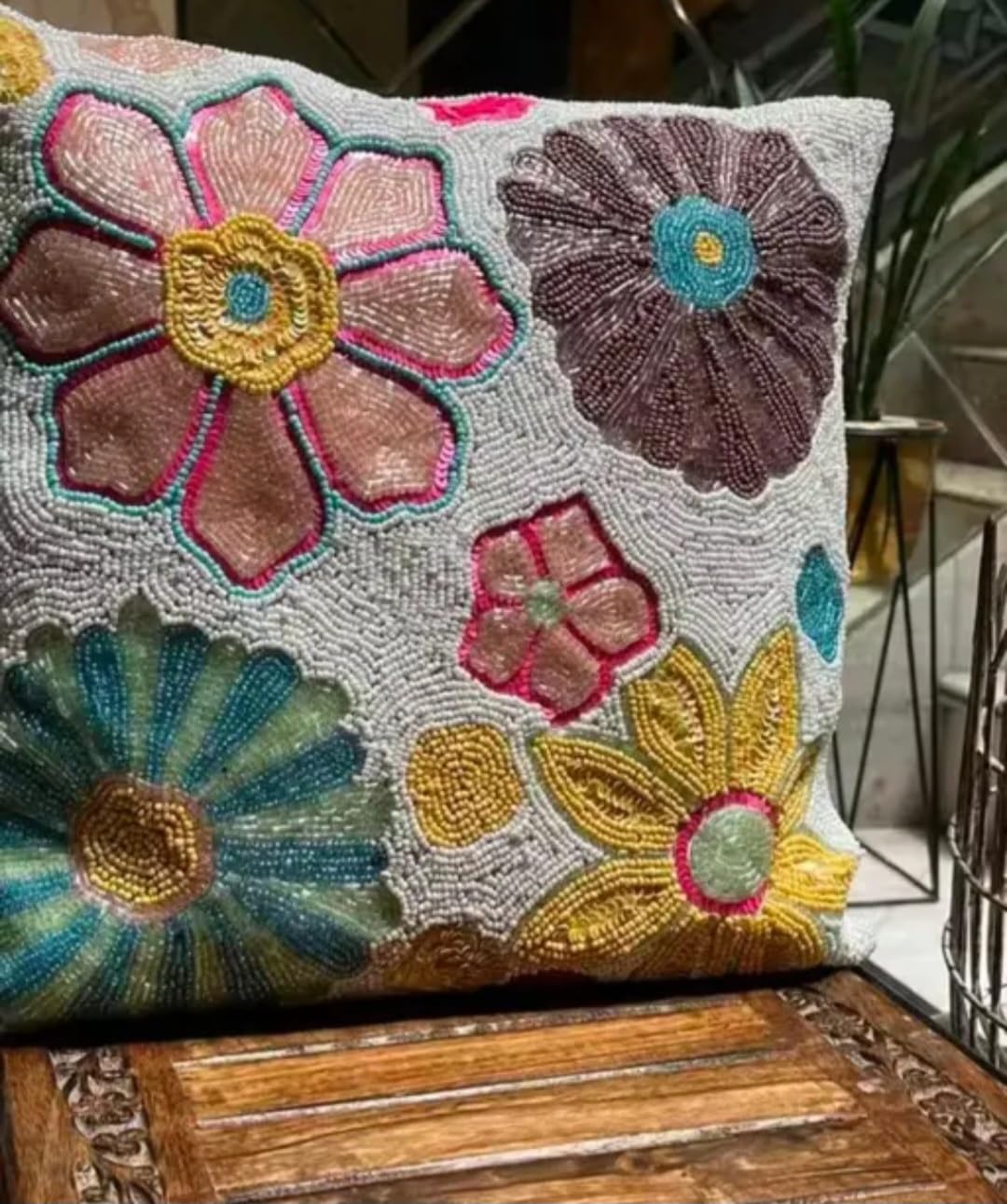 Beaded Floral Throw Pillow Cover, Multicolor, Handcrafted Embroidered Cushion Cover, Boho Floral Design