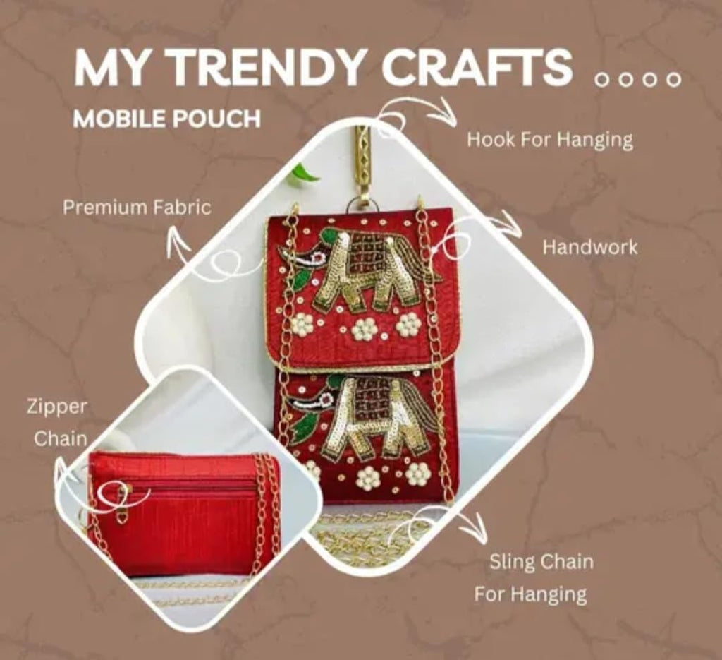 Embroidered Elephant Crossbody Bag, Red, Sequin Beadwork, Gold Chain Strap, Ethnic Boho Style