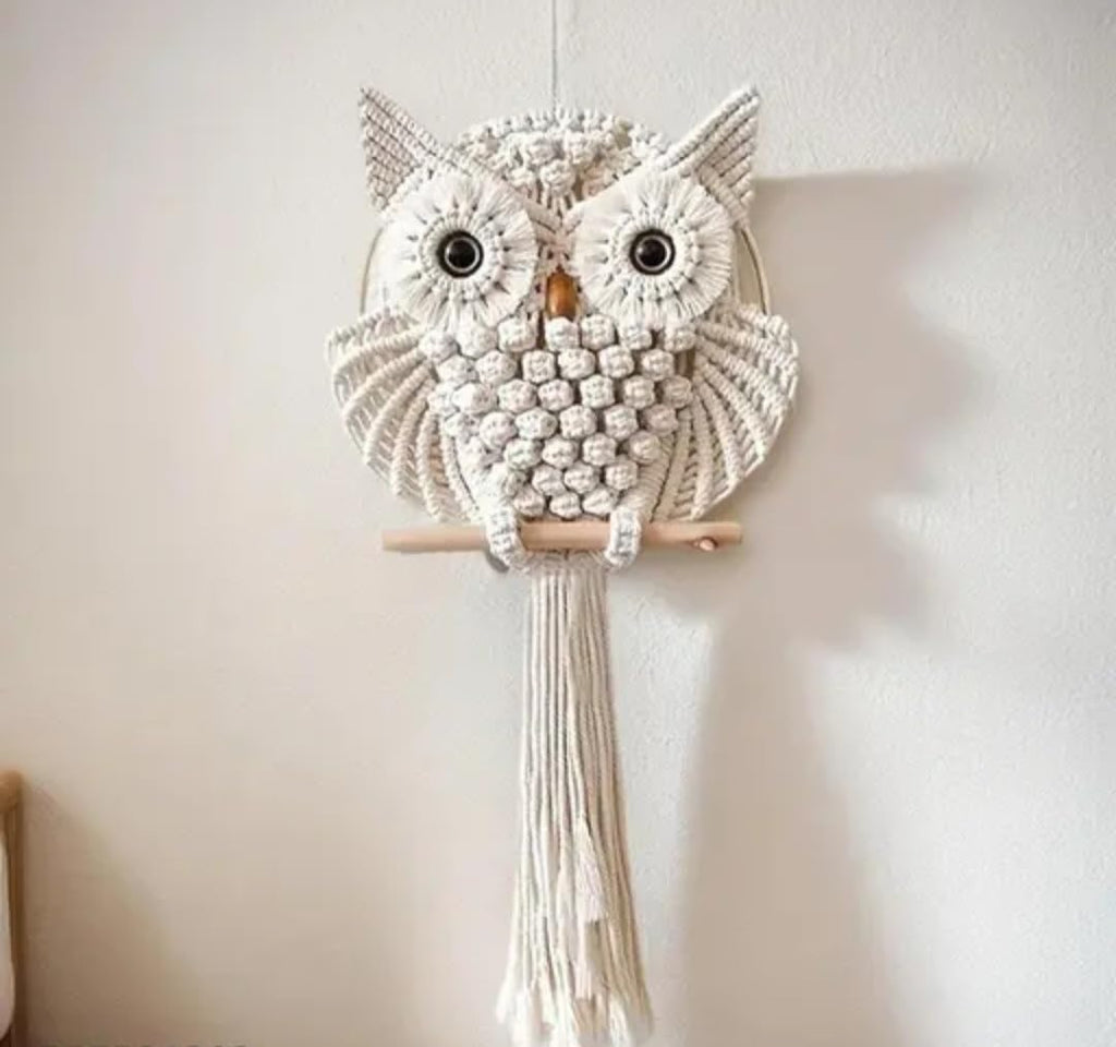Macrame Owl Wall Hanging, Handwoven Boho Decor, Natural Cotton, Wooden Perch, Beige