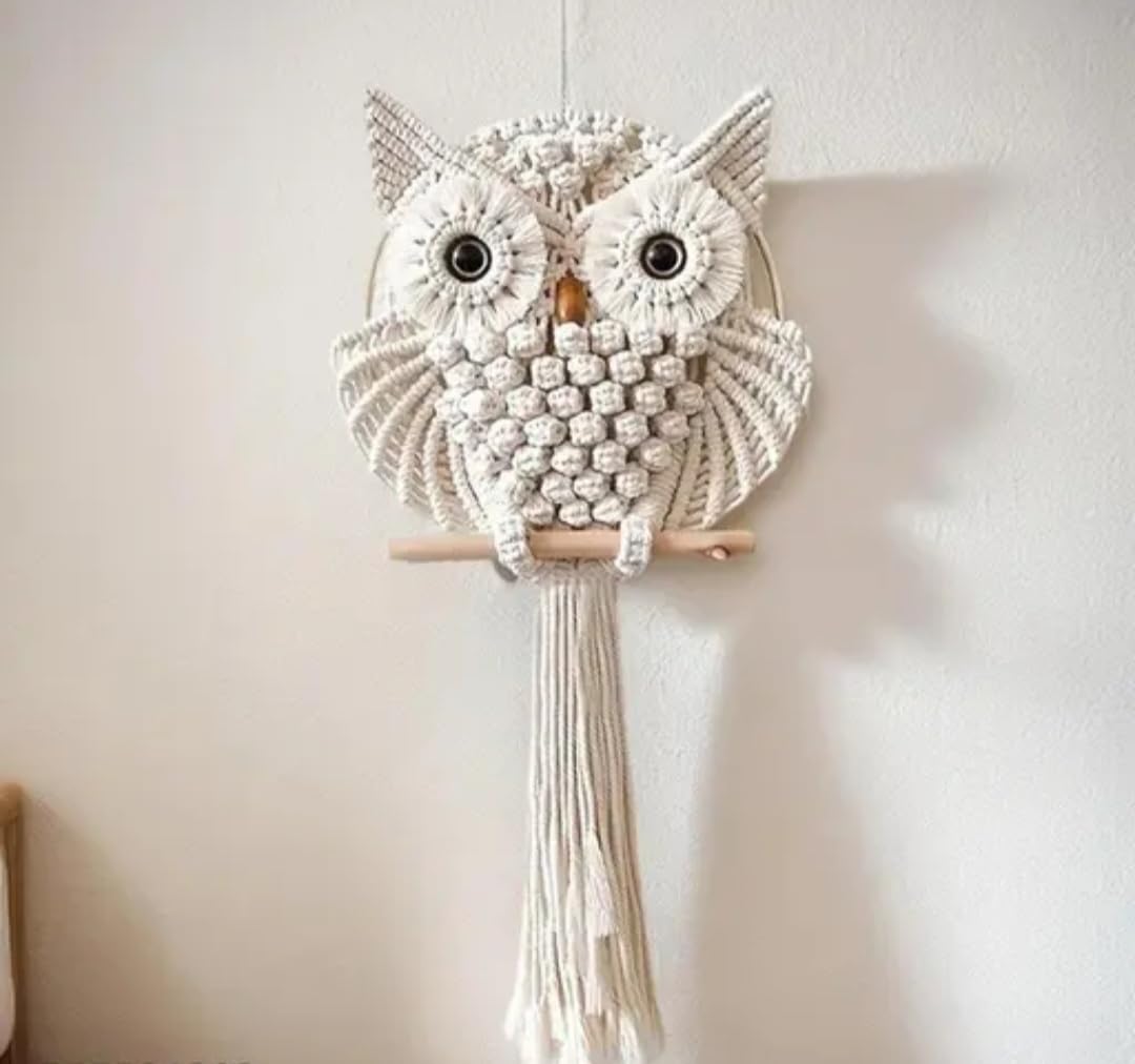 Macrame Owl Wall Hanging, Handwoven Boho Decor, Natural Cotton, Wooden Perch, Beige