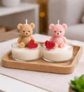 Teddy Bear Candles with Red Hearts, Set of 2, Pink and Beige, Decorative Tea Light Candles