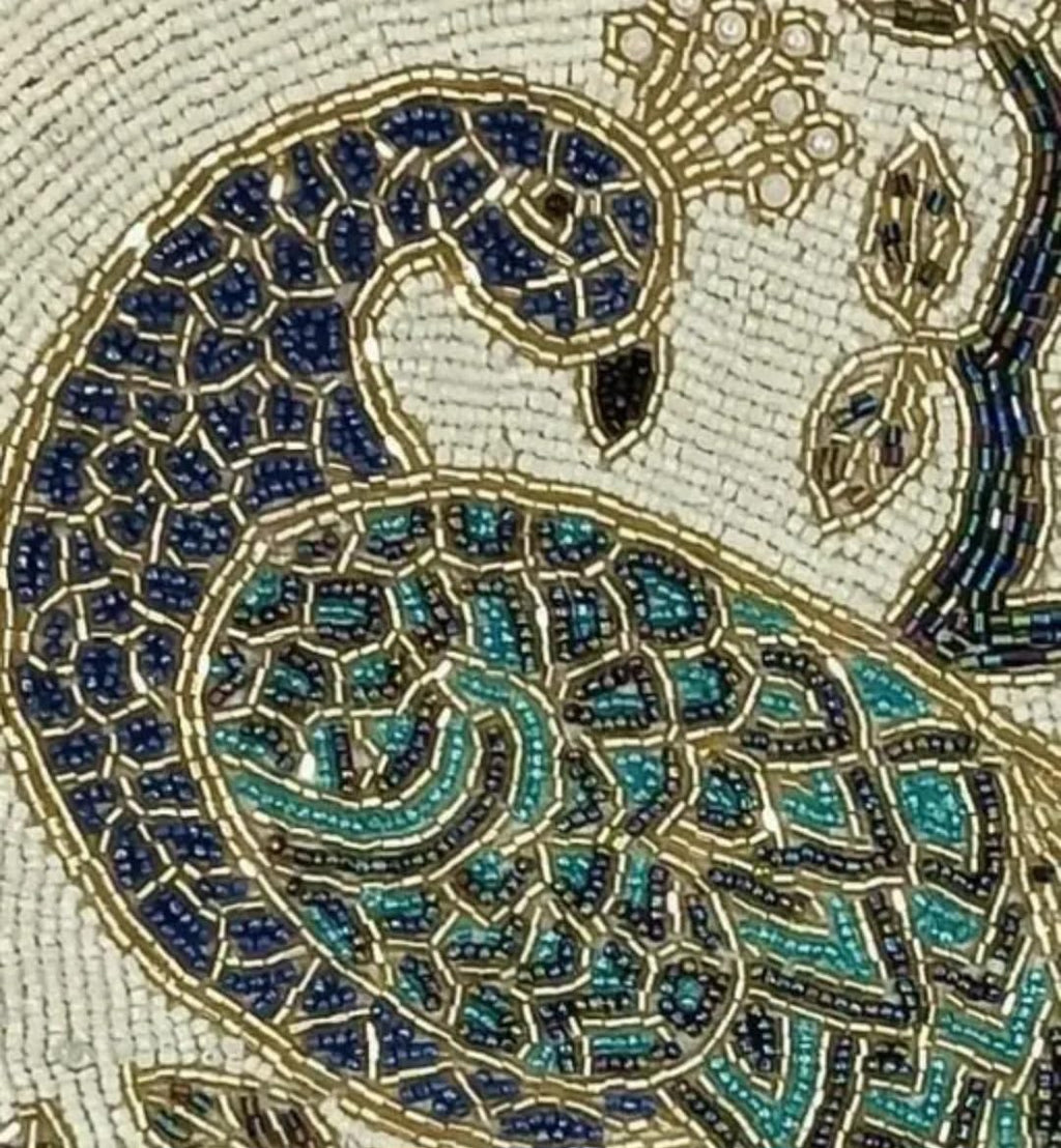 Beaded Table Runner with Peacock Design, Blue and Green, Embroidered Tapestry Style