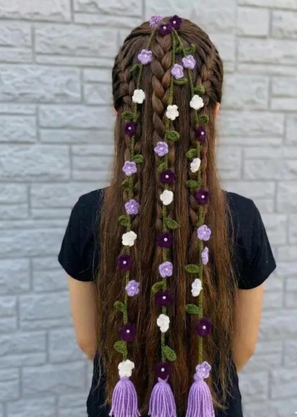 Crochet Flower Hair Vine with Tassel, Boho Braided Hair Accessory, Purple, White, Green