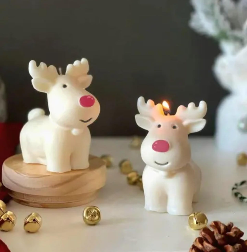 Decorative Reindeer Christmas Candle, White Wax Figurine with Red Nose, Holiday Home Decor