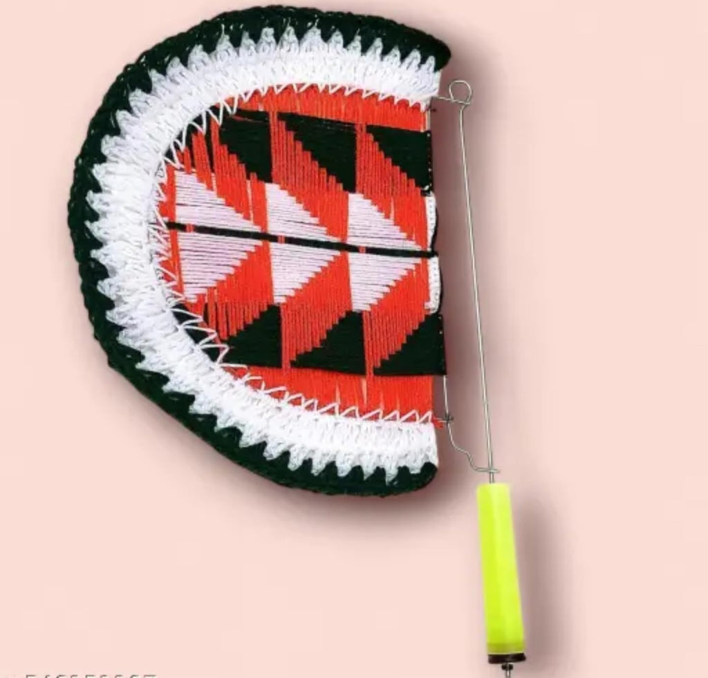 Handmade Traditional Wool Fan, Black and Red Geometric Pattern, White Fringe Trim, Neon Handle