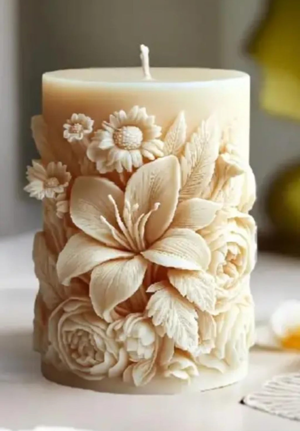 Decorative Pillar Candle with 3D Floral Design, Cream, Lily and Rose Embellishments, Home Decor