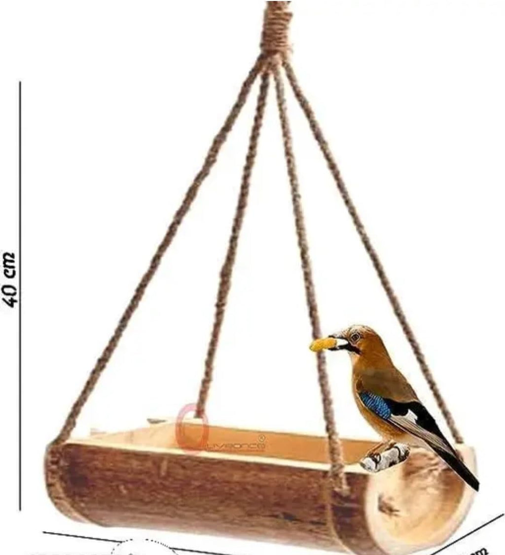 Hanging Wooden Log Bird Feeder, Natural Wood with Rope, Rustic Style, Set of 2