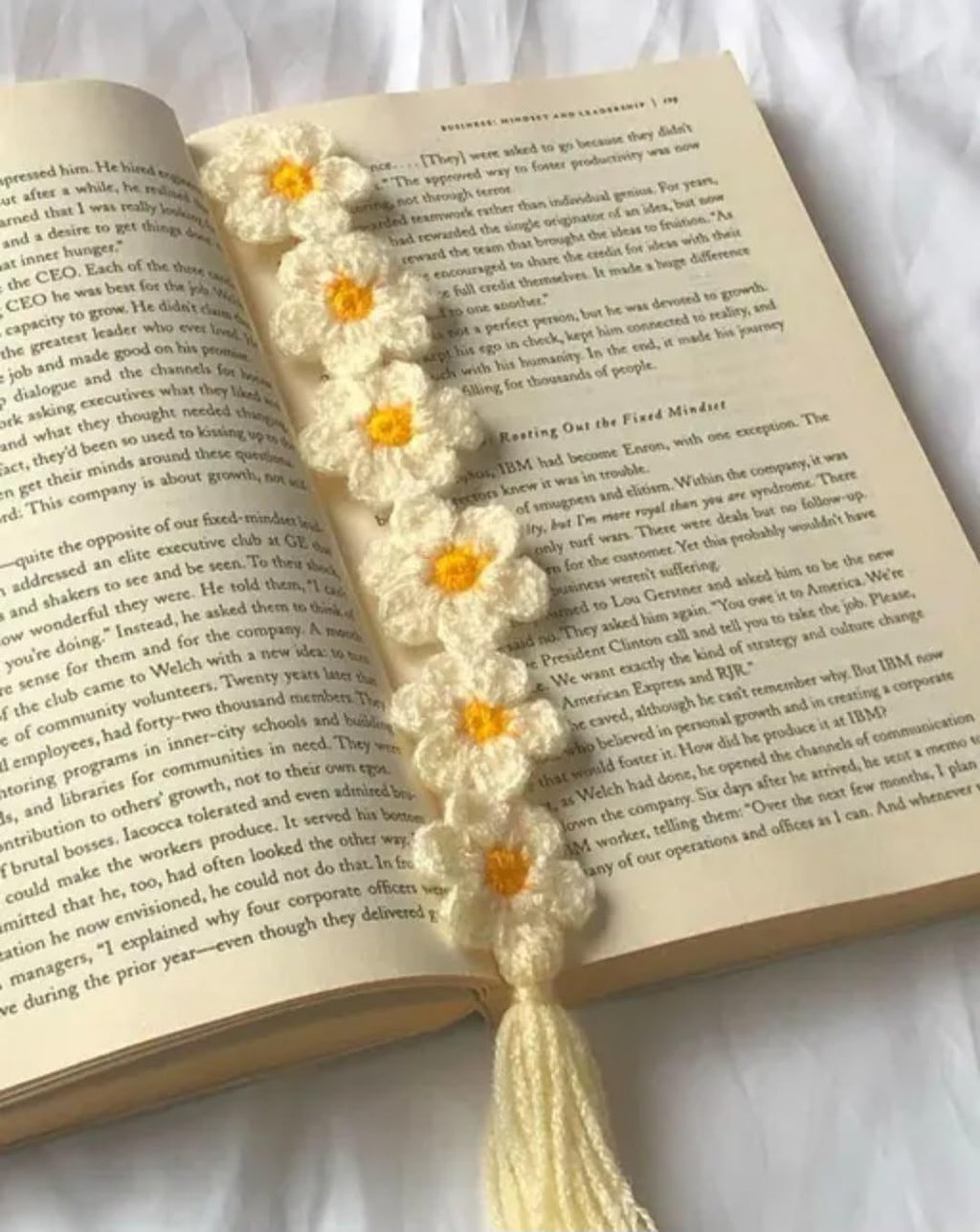 Crochet Daisy Bookmark with Tassel, Handmade Floral Design, Cream and Yellow, Set of 2