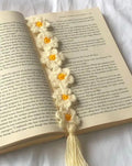 Crochet Daisy Bookmark with Tassel, Handmade Floral Design, Cream and Yellow, Set of 2