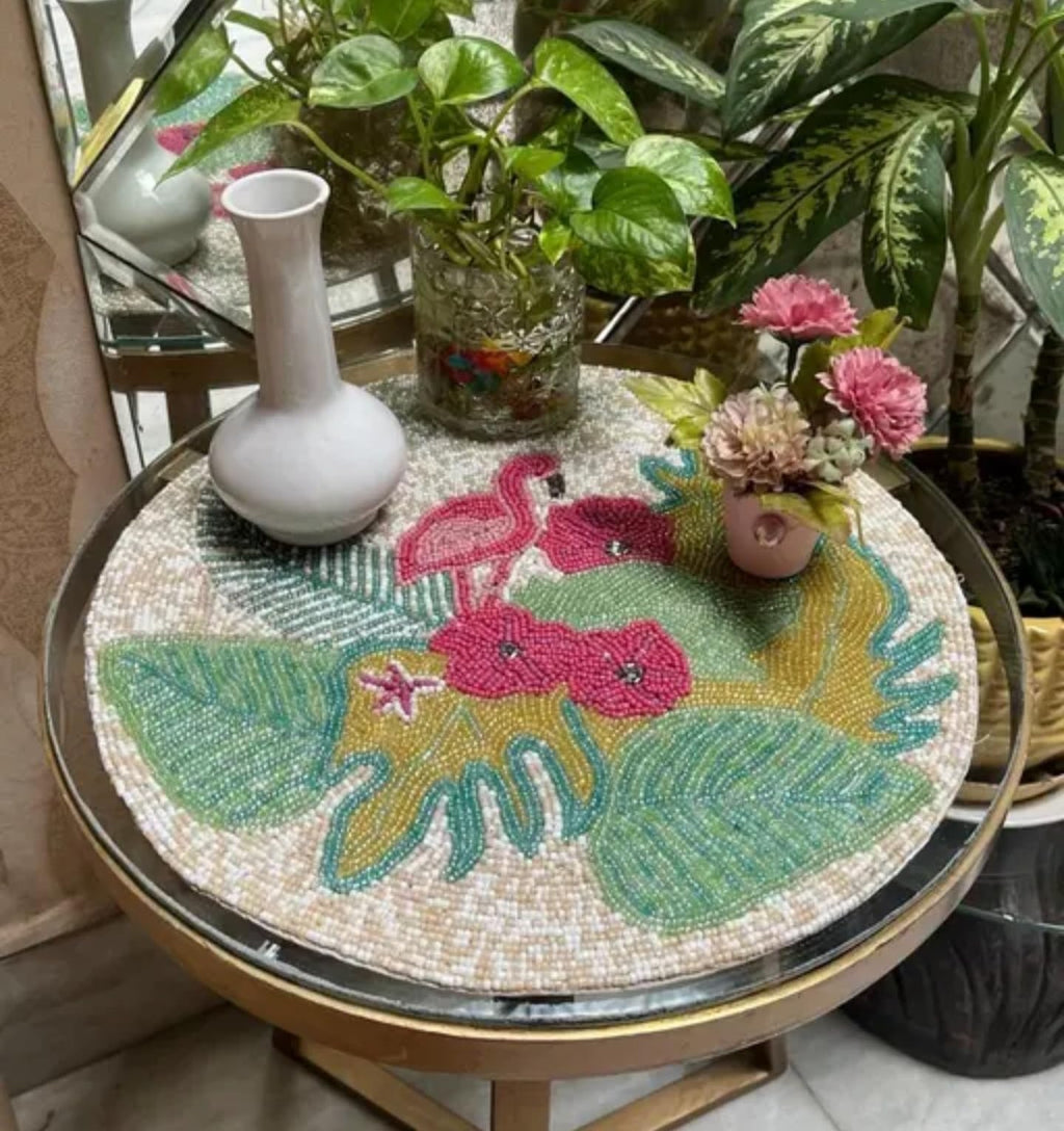 Handcrafted Beaded Placemat, Tropical Floral Design, Round Table Mat with Pink Flowers, Green Leaves, Turquoise Accents, White Pearl Base