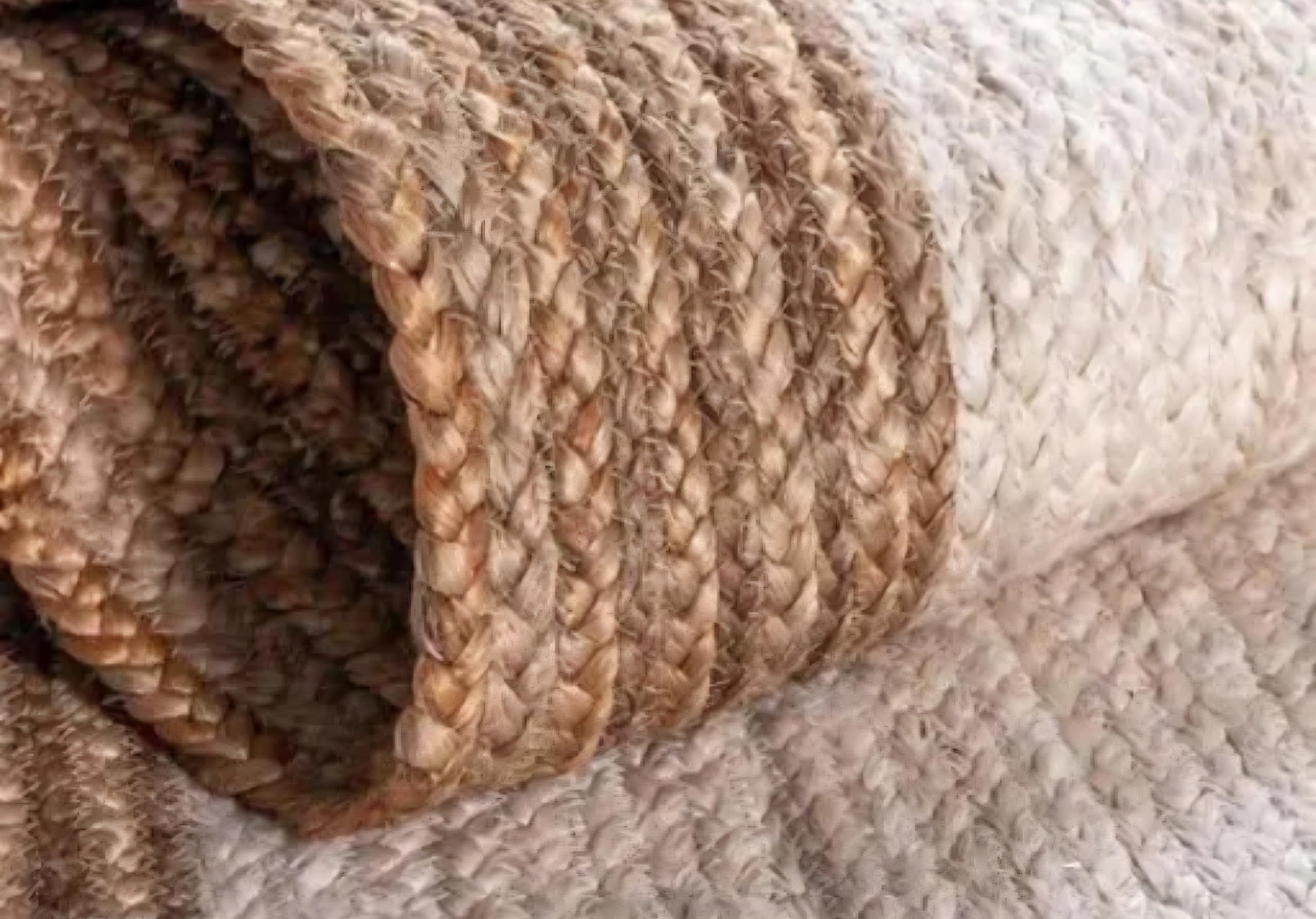 Natural Jute Area Rug with White Border, Braided Handwoven Style, Living Room Decor