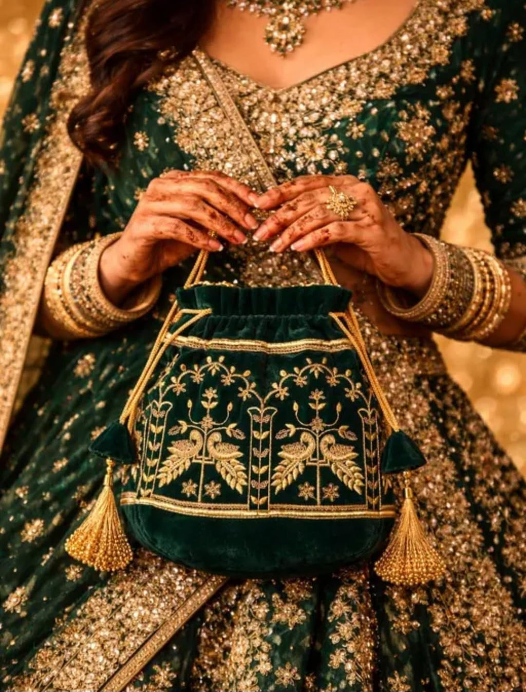 Velvet Potlie Bag, Emerald Green, Gold Zari Embroidery, Drawstring Clutch with Tassels, Bridal Wedding Purse