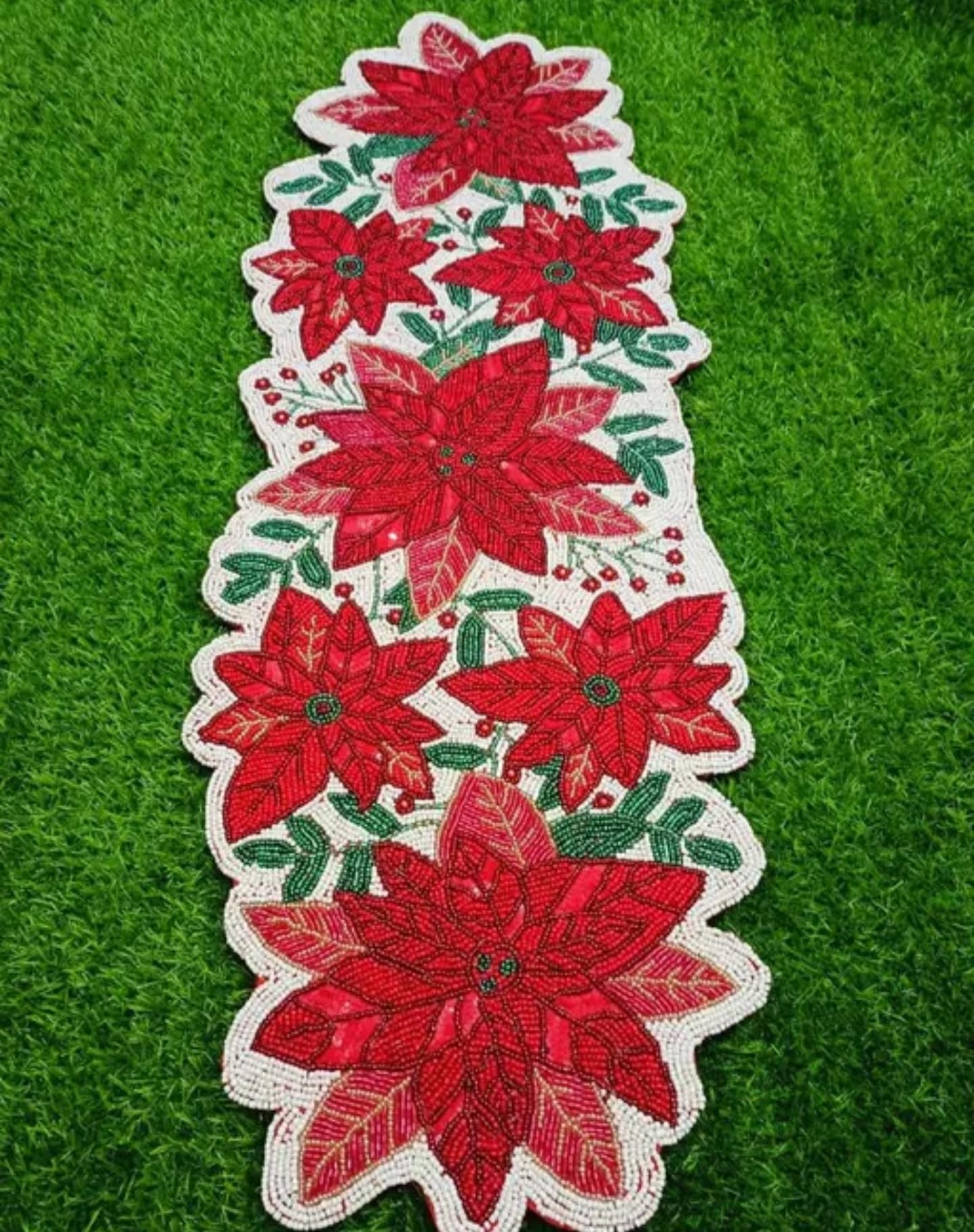 Beaded Poinsettia Table Runner, Red and White with Green Leaves, Christmas Holiday Decor