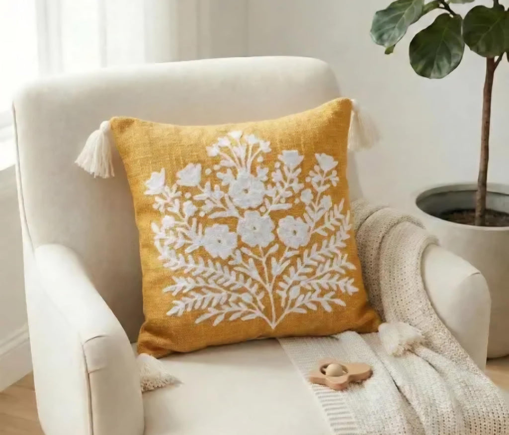 Handmade Floral Embroidered Throw Pillow Cover, Mustard Yellow with White Flowers, Tassel Accent, Boho Style