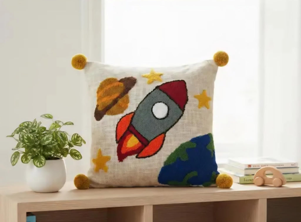 Kids Space Theme Handcrafted Pillow Cover, Rocket Planet Stars Embroidered, Pom Pom Accent, Children's Room Decor