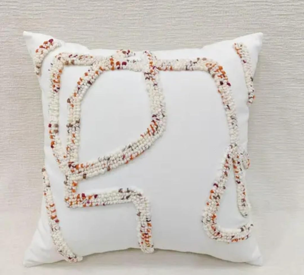 White Decorative Throw Pillow Cover with Textured Tufted Abstract Geometric Design, Boho Style