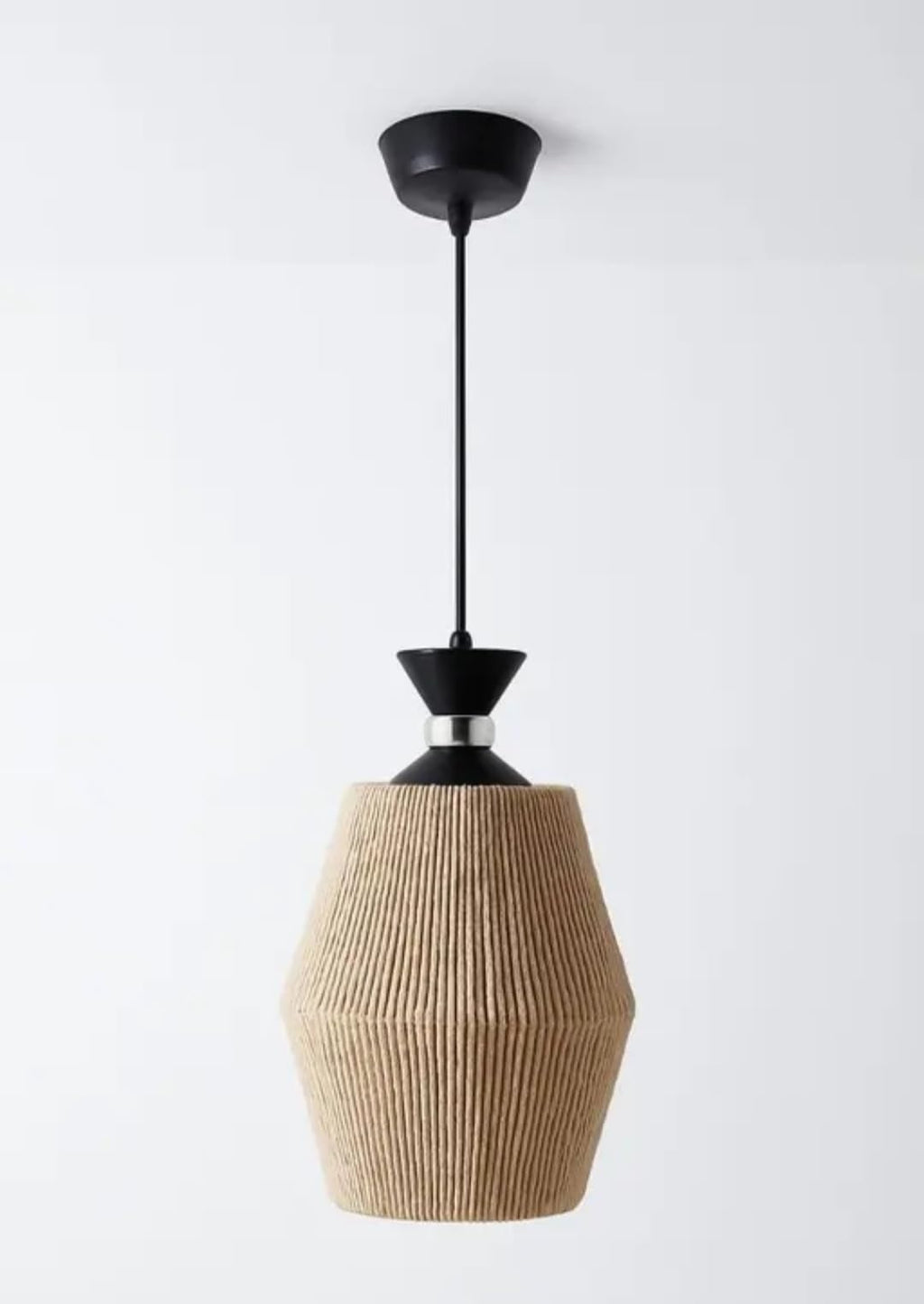 Pendant Light with Natural Rattan Shade, Black Finish, Textured Design, Ceiling Hanging Fixture