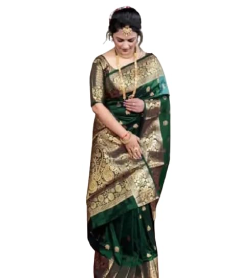 Traditional Silk Banarasi Saree, Emerald Green and Gold, Floral Brocade Pattern, Formal Occasion Wear