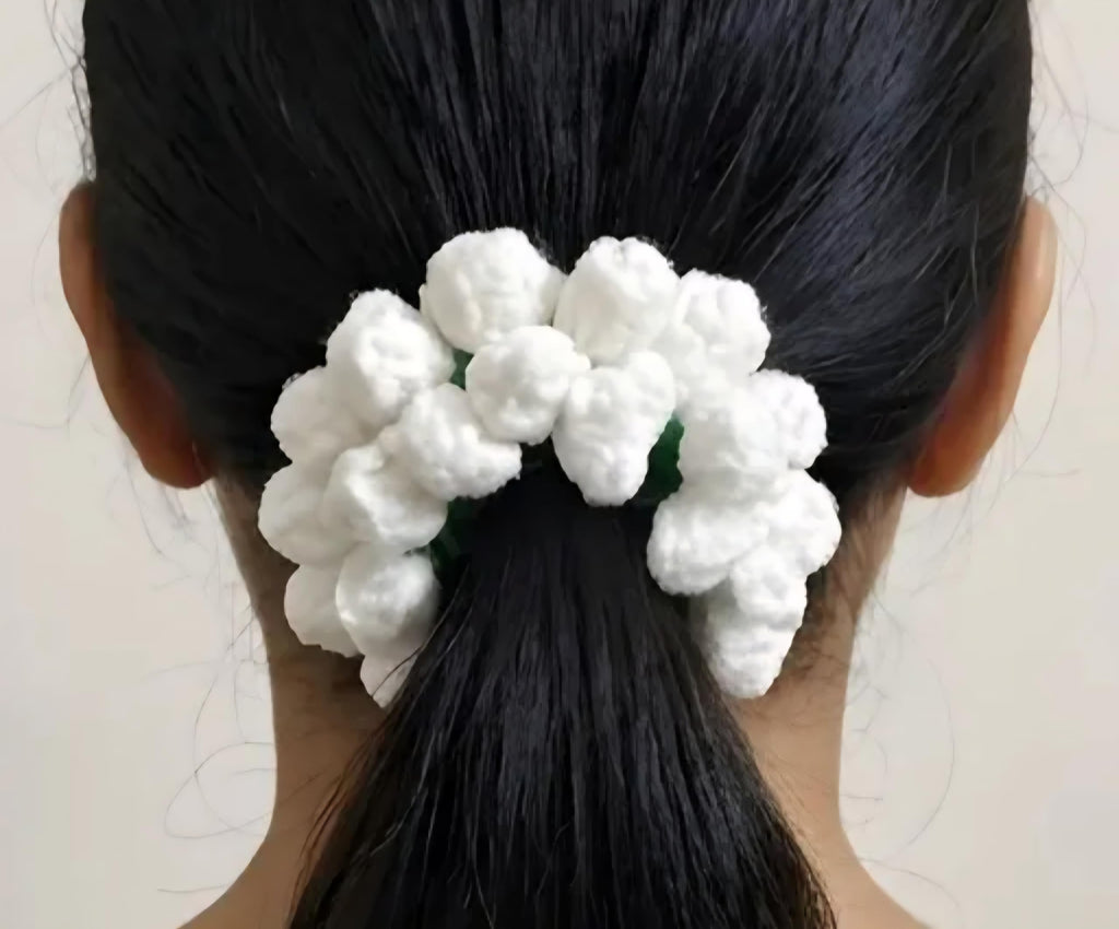 White Fluffy Pom Pom Hair Tie, Elastic Scrunchie, Green and White, Handcrafted