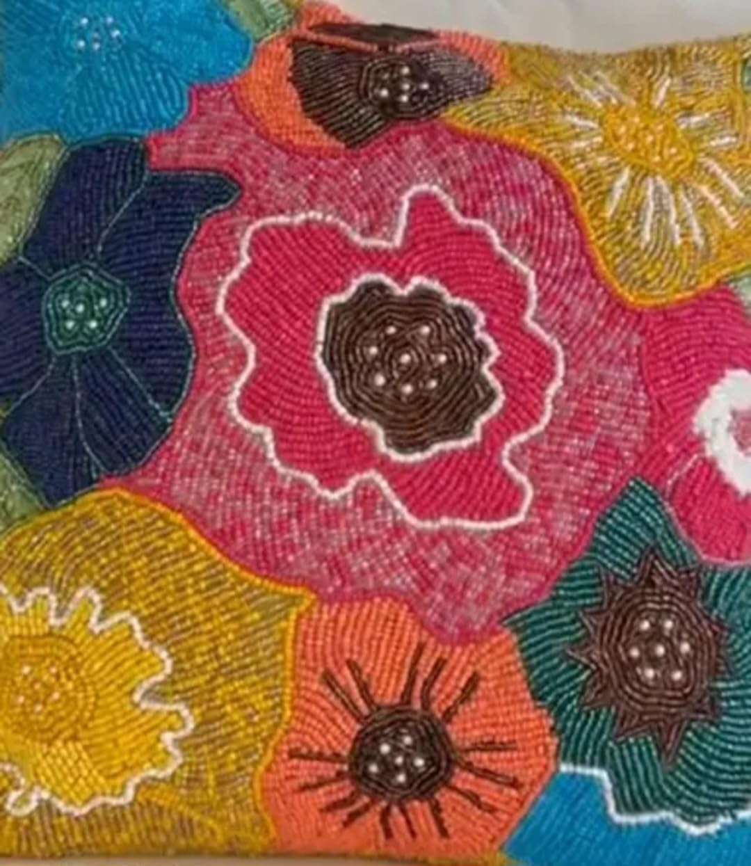 Beaded Floral Throw Pillow Cover, Multicolor, Handcrafted Seed Bead Embroidery, Decorative Cushion Cover