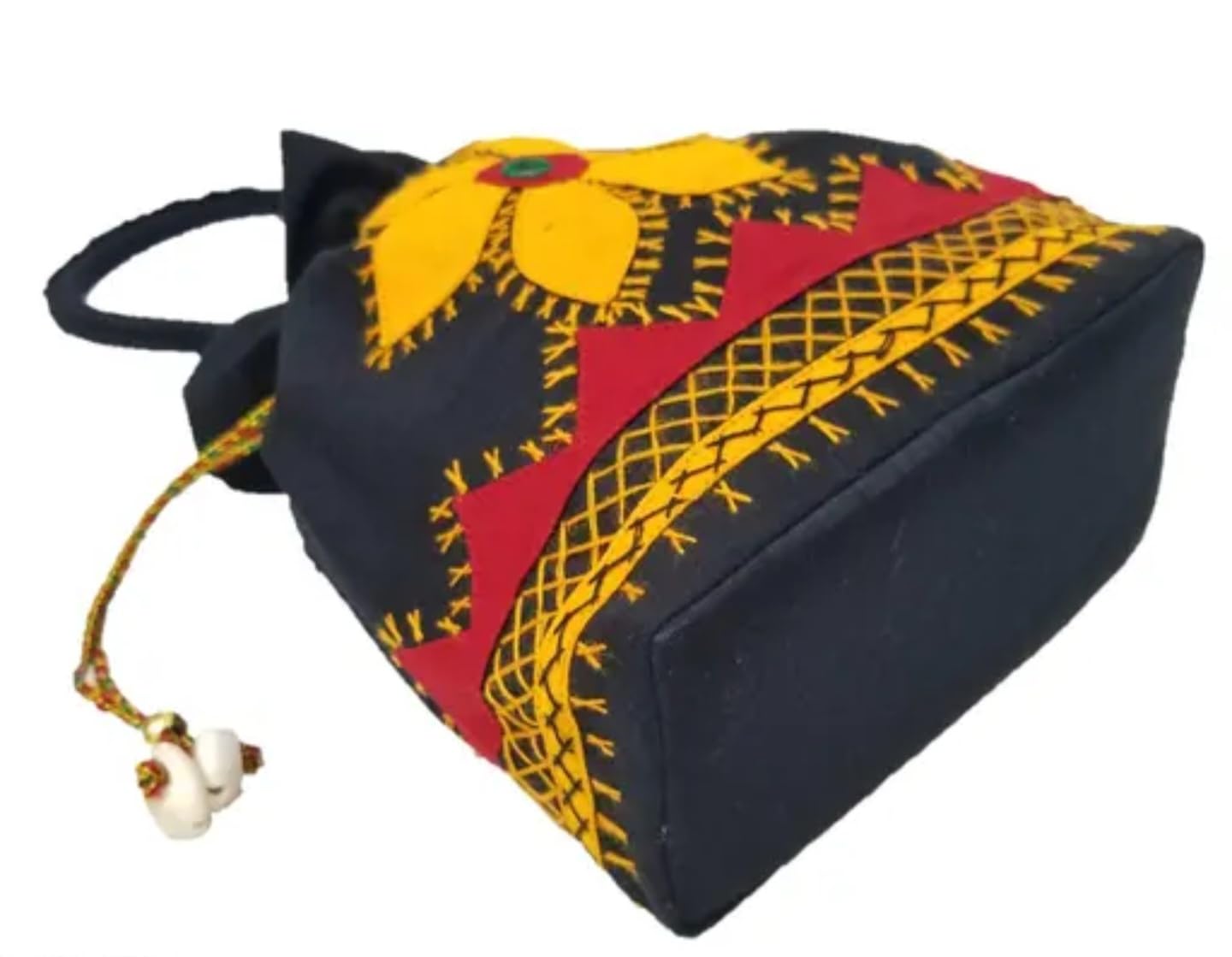 Decorative Drawstring Handbag, Black with Orange Floral Embroidery, Traditional Design, eco-friendly handcrafted Handbag