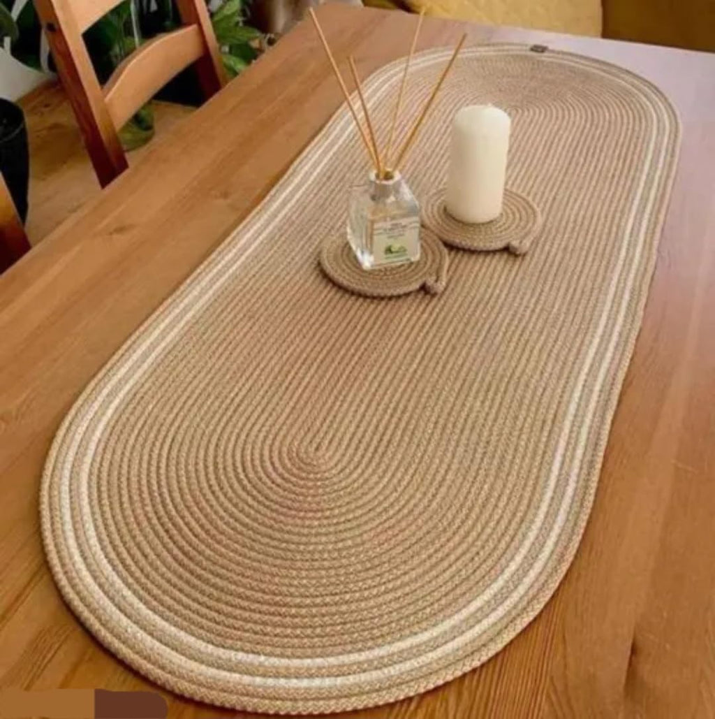 Braided Oval Table Runner, Natural Beige, Woven Cotton Rope, Boho Style, Dining Table Decor