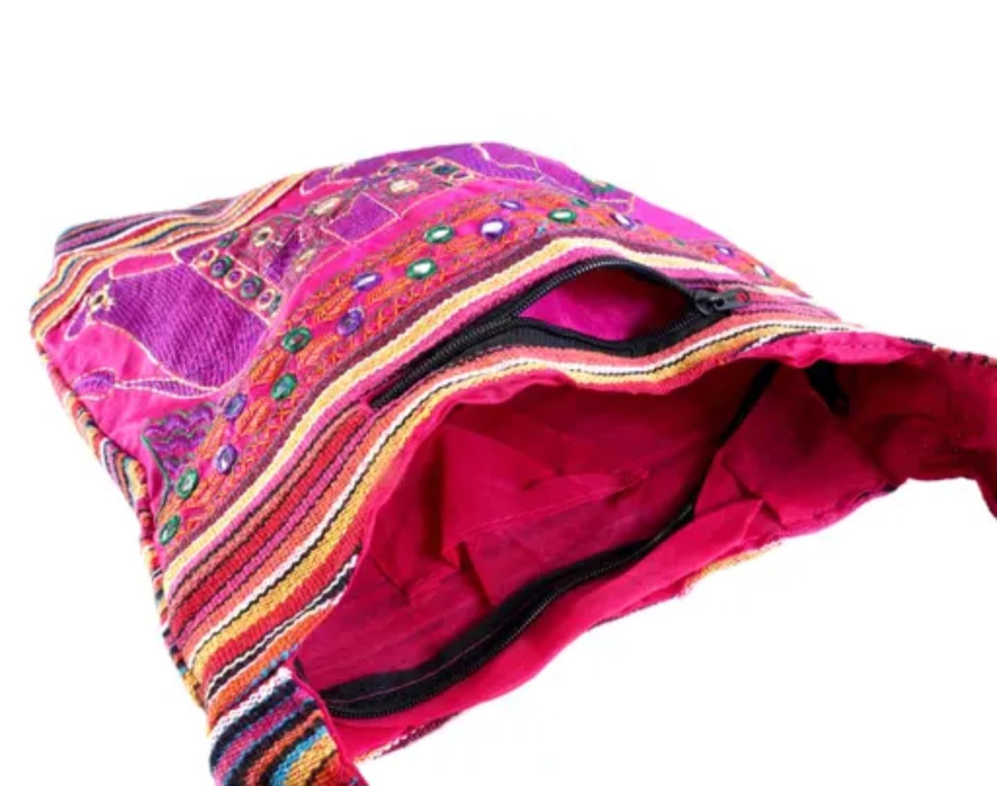 Handmade Ethnic Crossbody Bag, Embroidered Elephant Design, Striped Pattern, Pink and Purple