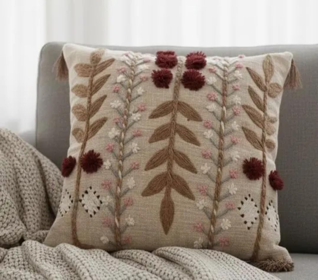 Handmade Boho Floral Embroidered Throw Pillow Cover, Beige, with Pom Pom and Tassel Detail, Decorative Cushion Cover