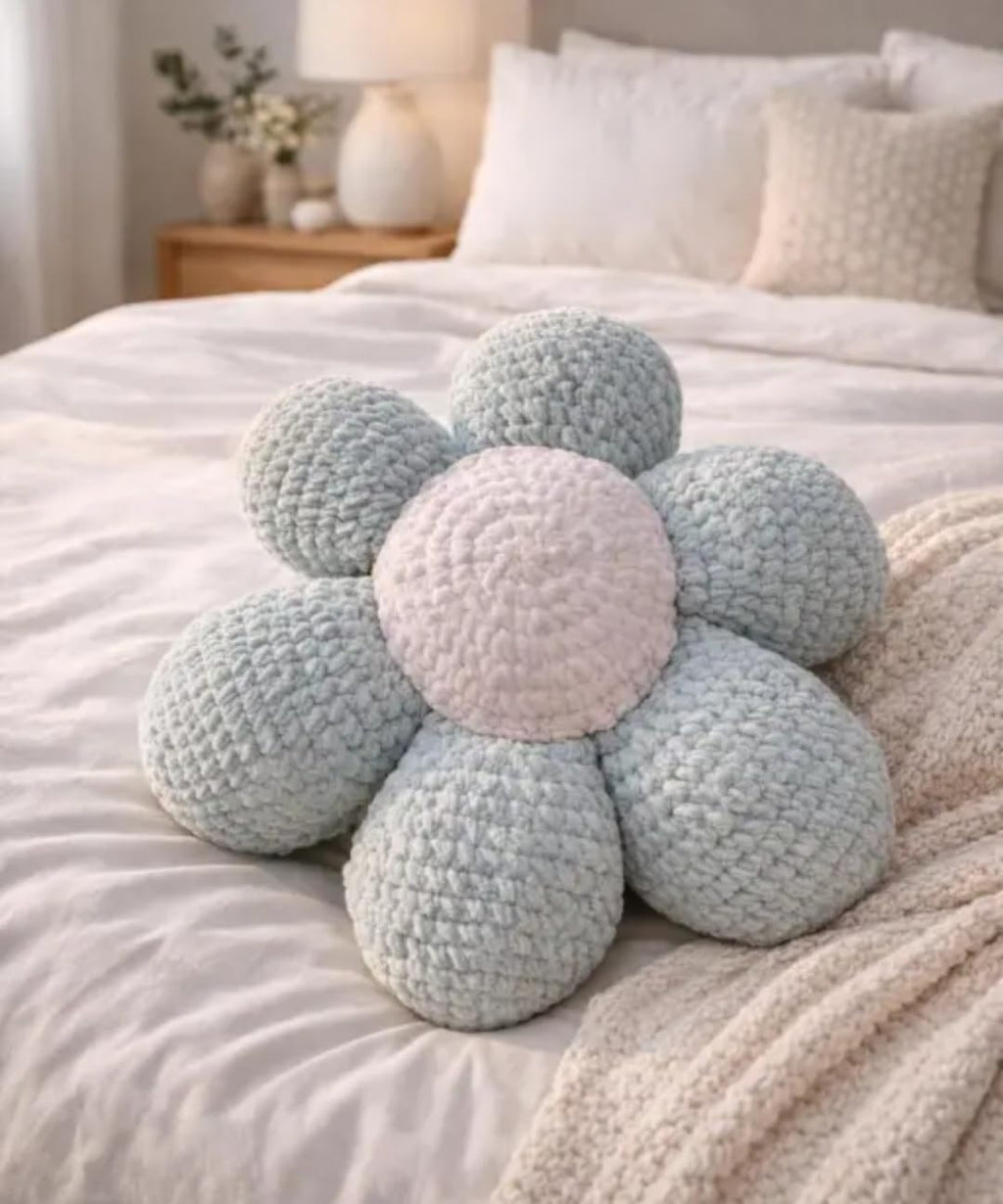 Flower Shape Throw Pillow, Soft Chunky Knit, Light Blue with Pink Center, Decorative Bedroom Accent