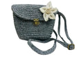 Hand Woven Straw Crossbody Bag, Grey with White Flower Accent, Bronze Hardware