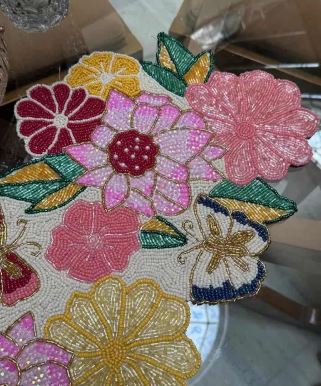 Beaded Floral Table Runner, Multicolor, Handcrafted Seed Bead, Botanical Garden Theme