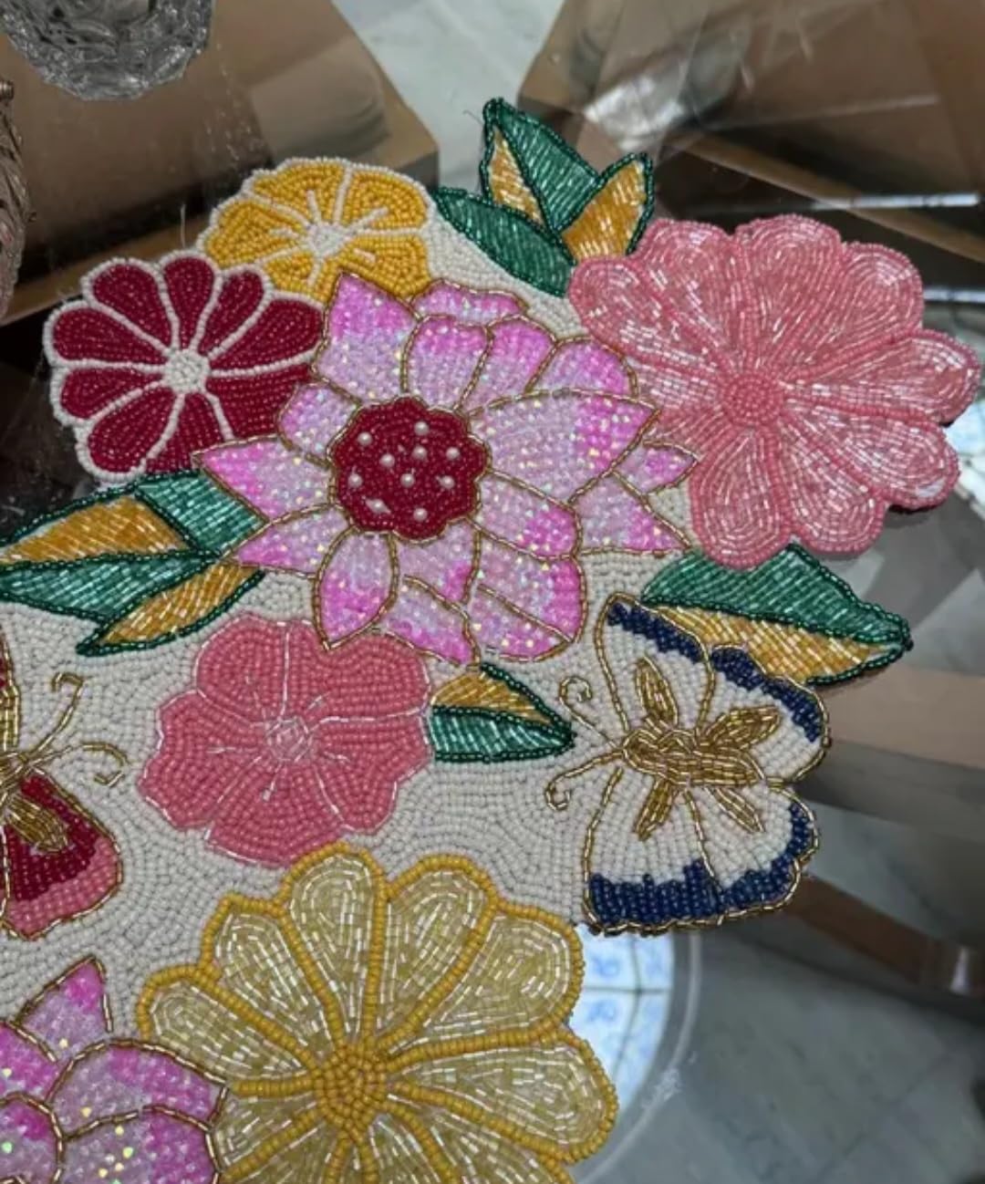 Beaded Floral Table Runner, Multicolor, Handcrafted Seed Bead, Botanical Garden Theme