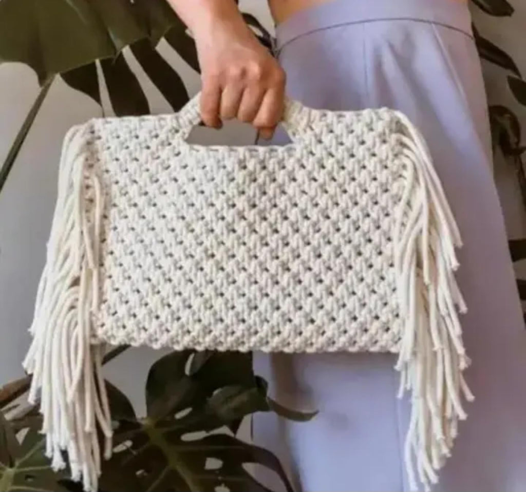 Handmade Macrame Clutch Handbag with Fringe Tassels, Cream White, Woven Pattern