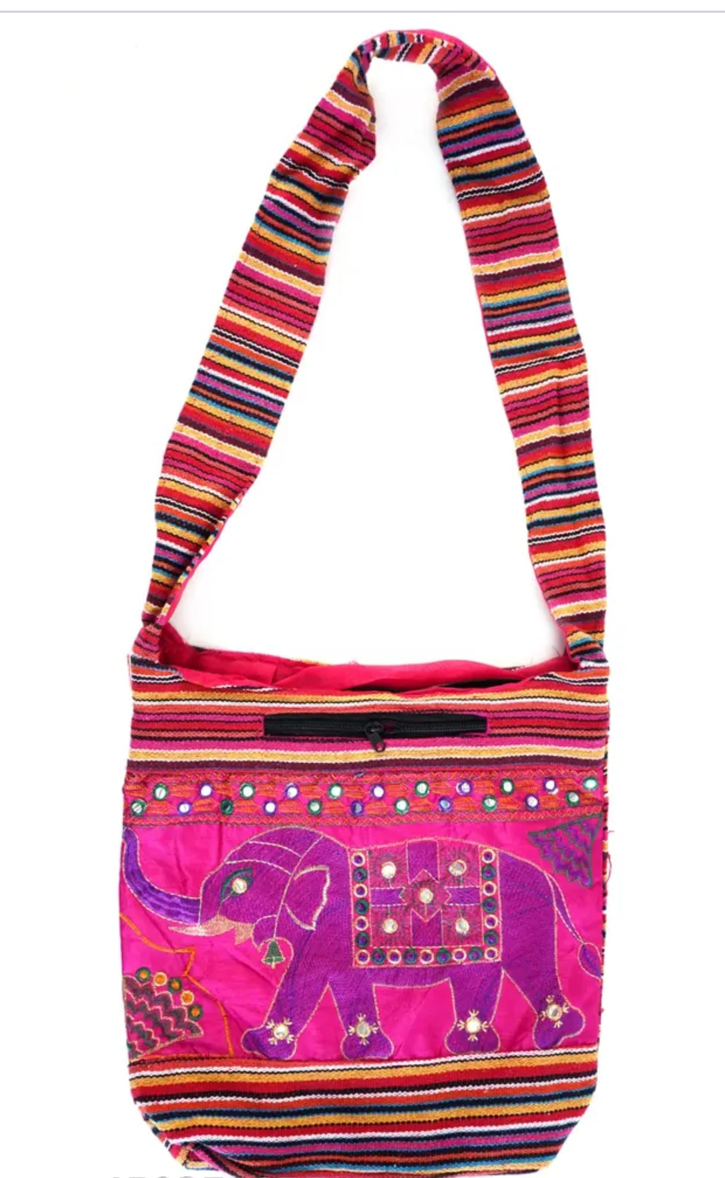 Handmade Ethnic Crossbody Bag, Embroidered Elephant Design, Striped Pattern, Pink and Purple