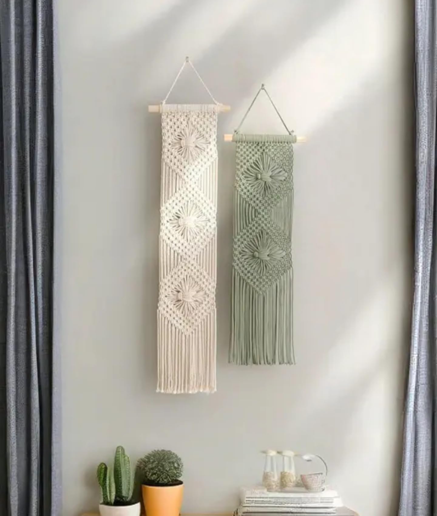 Handcrafted Macrame Wall Hanging, Geometric Diamond Pattern, Cream and Sage Green, Set of 2