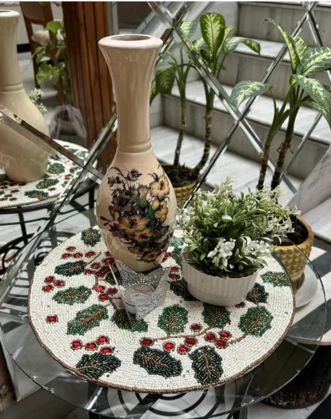 Beaded Placemats, Round, Holly Berry Design, White with Green Leaves and Red Berries