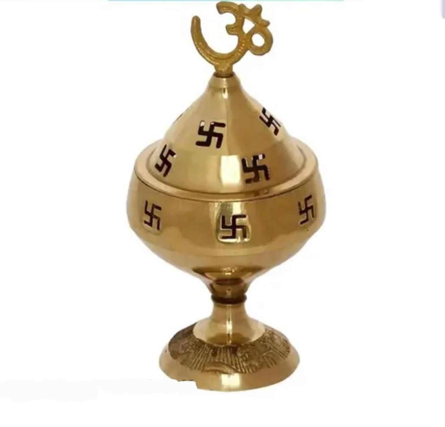 Traditional Brass Decorative Religious Incense Holder, Gold, Om Symbol Finial, Domed Pedestal Design