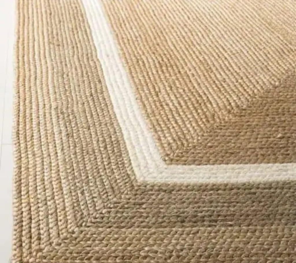 Natural Jute Area Rug with White Border, Braided Handwoven Style, Living Room Decor