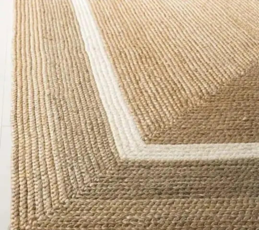 Natural Jute Area Rug with White Border, Braided Handwoven Style, Living Room Decor