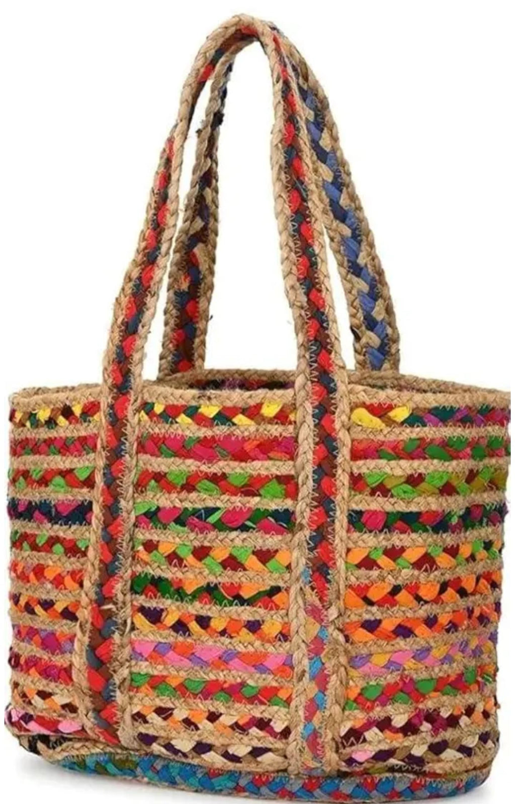 Handwoven Multicoloured Jute Tote Bag, Boho Chic Beach Bag, Rainbow Striped Pattern