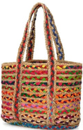 Handwoven Multicoloured Jute Tote Bag, Boho Chic Beach Bag, Rainbow Striped Pattern