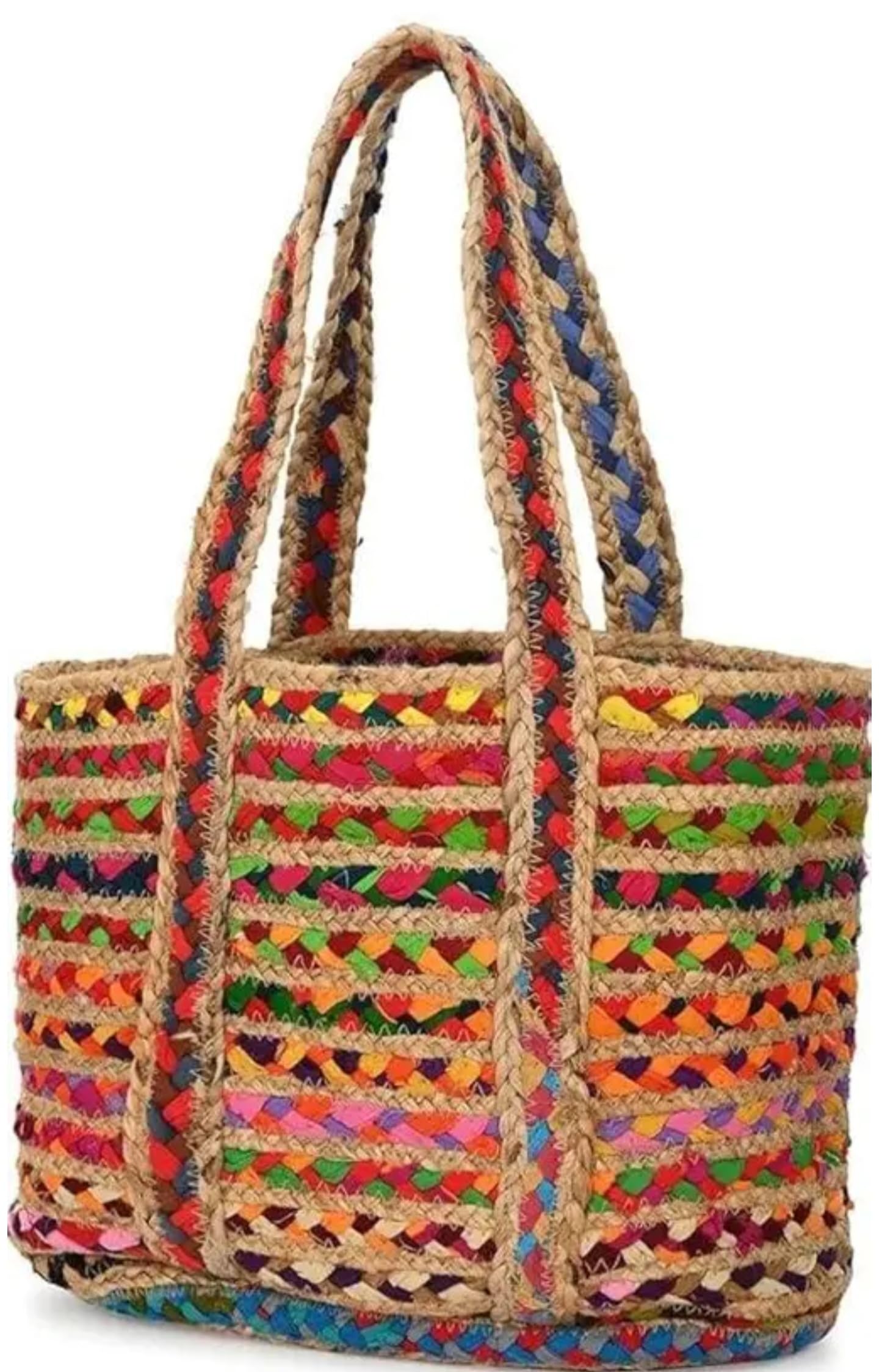 Handwoven Multicoloured Jute Tote Bag, Boho Chic Beach Bag, Rainbow Striped Pattern