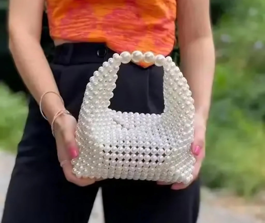 Pearl Beaded Handbag, White, Elegant Clutch Purse, Handcrafted Tote Bag for Women