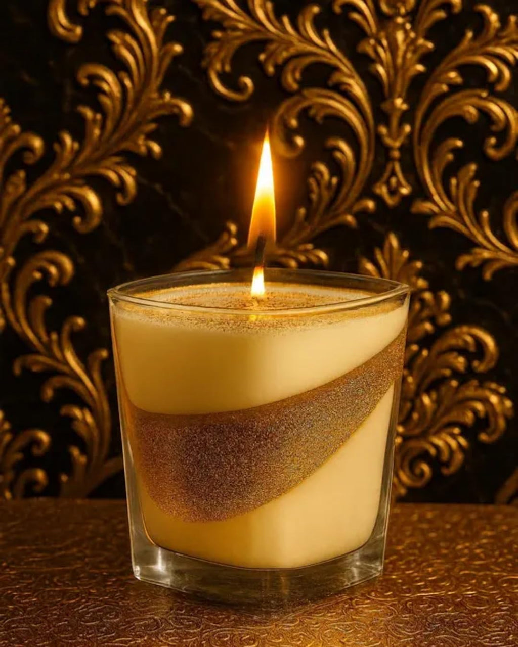 Luxury Scented Candle in Glass, Cream and Gold Swirl Design, Elegant Home Decor