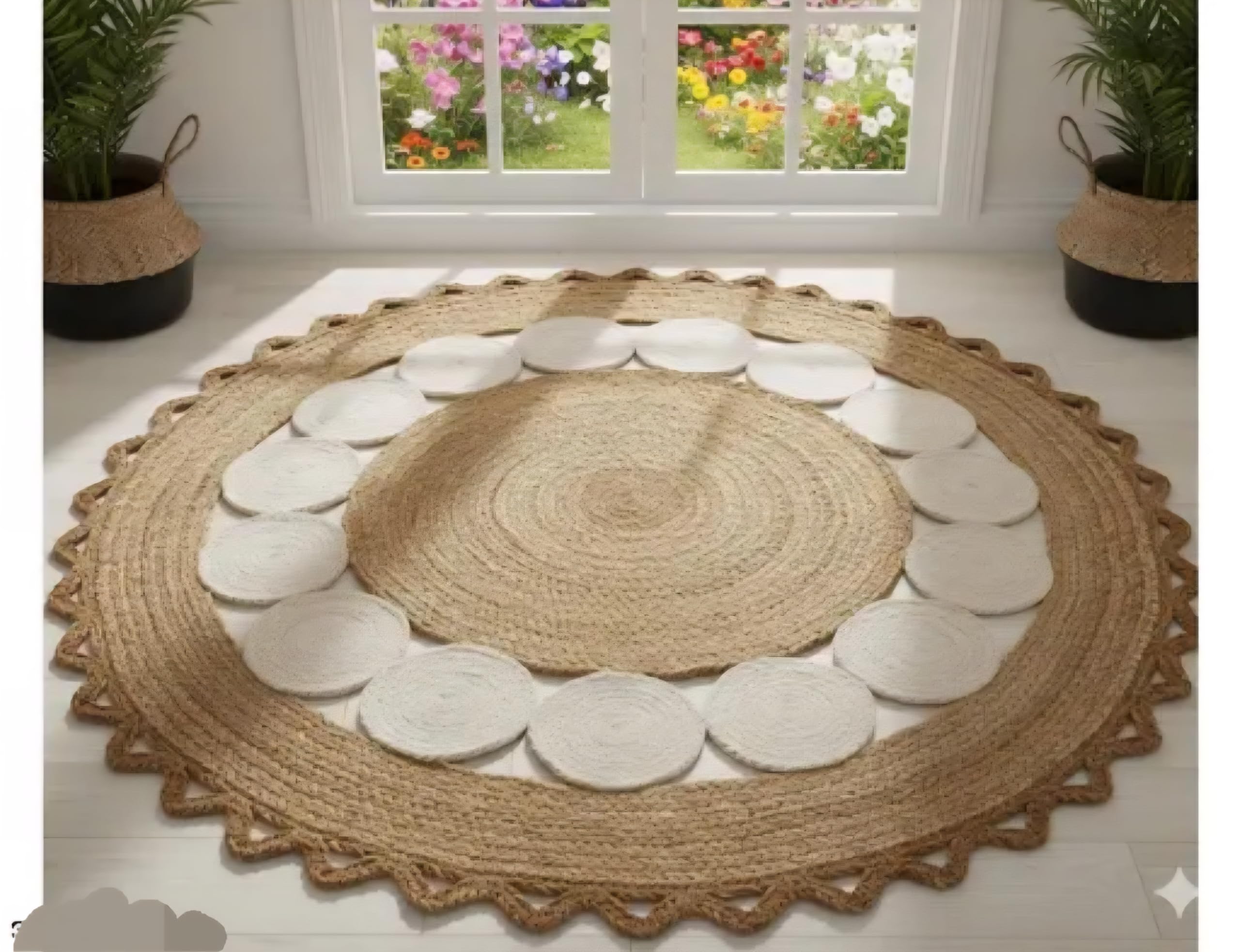 Round Jute Braided Area Rug, Natural and White, Boho Style, Scalloped Border, Living Room Decor