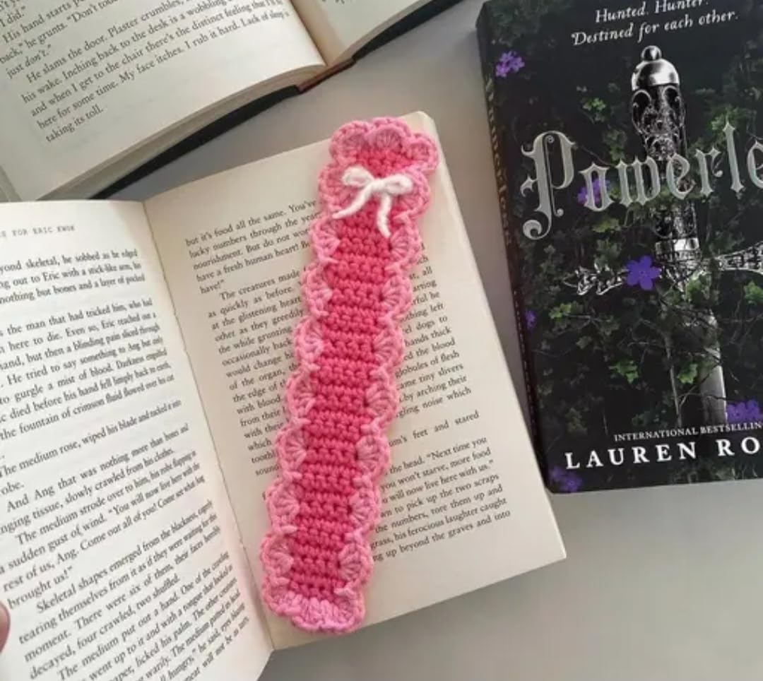 Handmade Crochet Bookmark, Pink, with Bow Detail, Floral Edge, Book Lover Gift, Set of 2