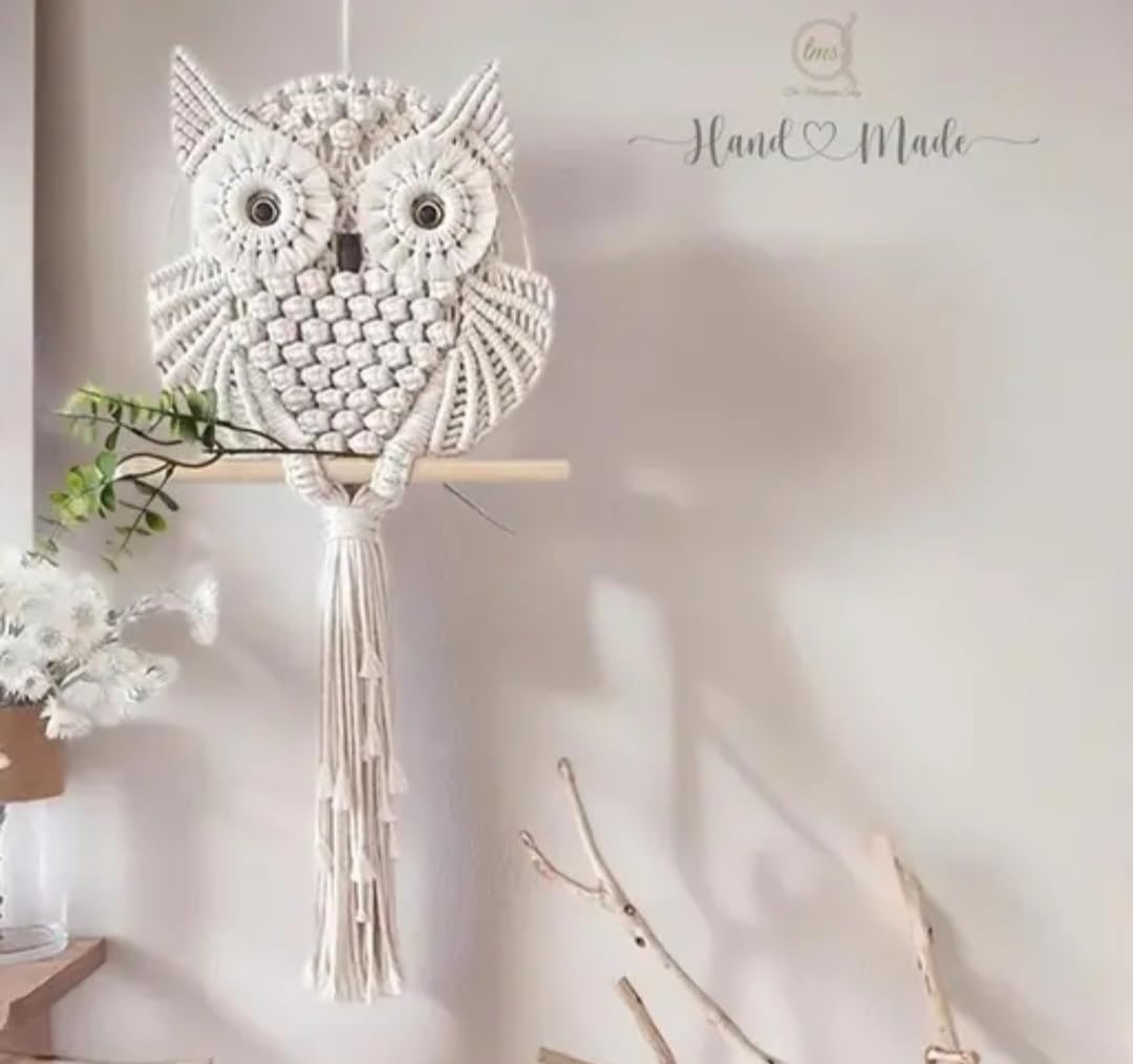 Macrame Owl Wall Hanging, Handwoven Boho Decor, Natural Cotton, Wooden Perch, Beige