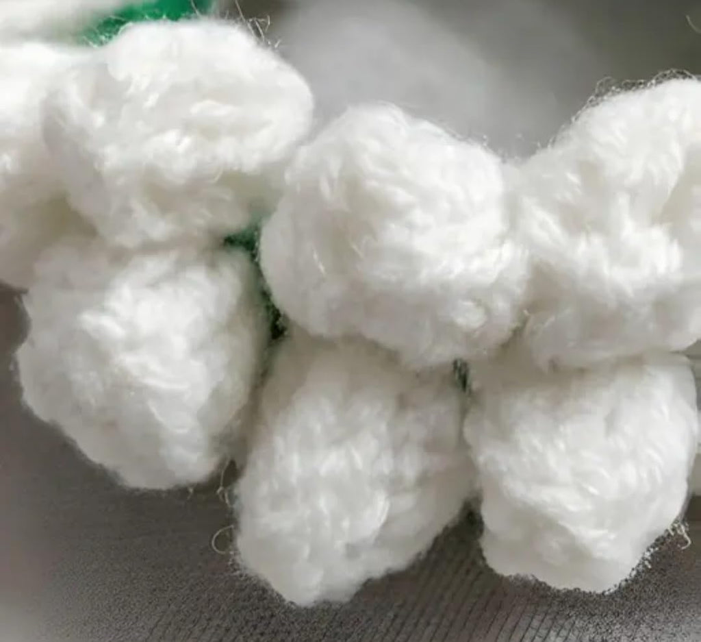 White Fluffy Pom Pom Hair Tie, Elastic Scrunchie, Green and White, Handcrafted