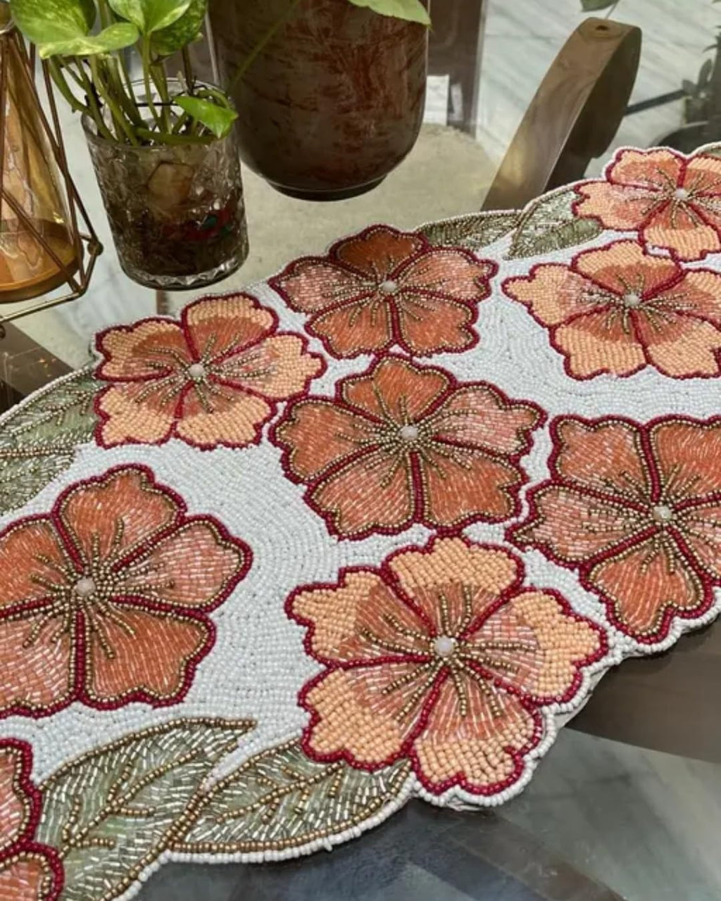 Embroidered Floral Table Runner, Coral Pink Flowers with Green Leaves, White Background, Decorative Home Accent